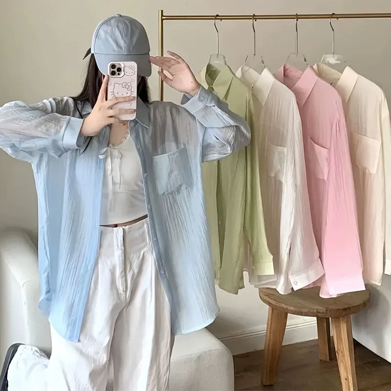 Summer Sunscreen Shirt Women Elegant Perspective Thin Chiffon Blouse 2026 New Loose Breathable and Sun-Proof Ice Silk Shirts