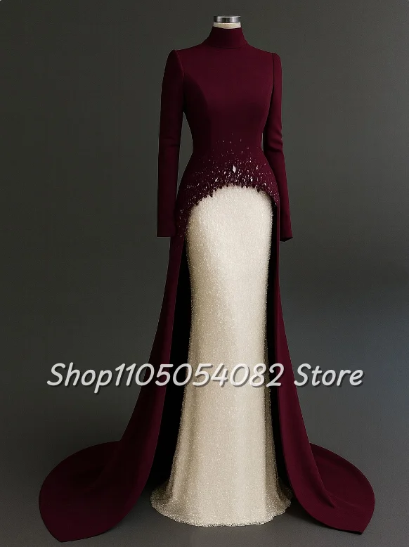 Элегантное бордовое вечернее платье с высоким воротом и длинными рукавами, расшитое бисером и стразами, со шлейфом, торжественное платье для выпускного вечера по индивидуальному заказу Элегантное бордовое вечернее платье с высоким воротом и длинными рукавами, расшитое бисером и стразами, со шлейфом, торжественное платье для выпускного вечера по индивидуальному заказу