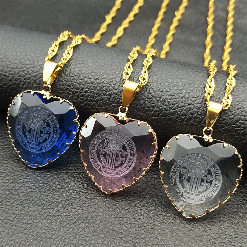 Collar con colgante de cristal de corazón azul de San Benito católico para mujeres y hombres, collares de cadena de acero inoxidable, joyería San Benito