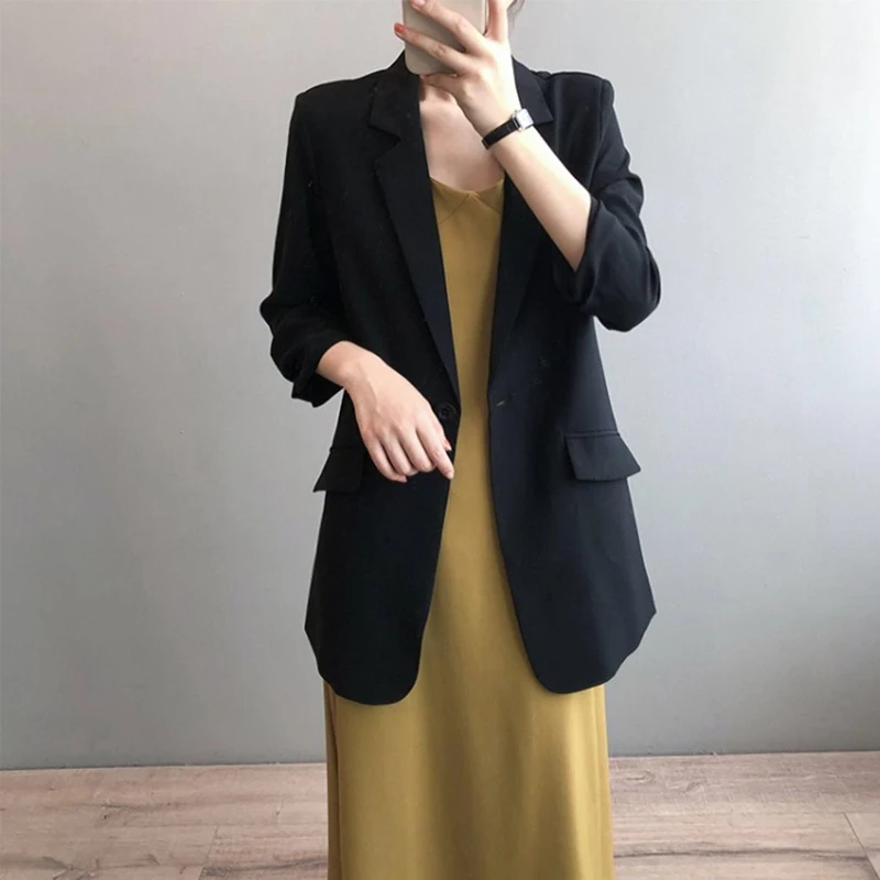 Summer Thin Unlined Three Quarter Sleeve Chiffon Blazer For Women Elegant White Suit Jackets Korean Loose Mid-length Outerwears