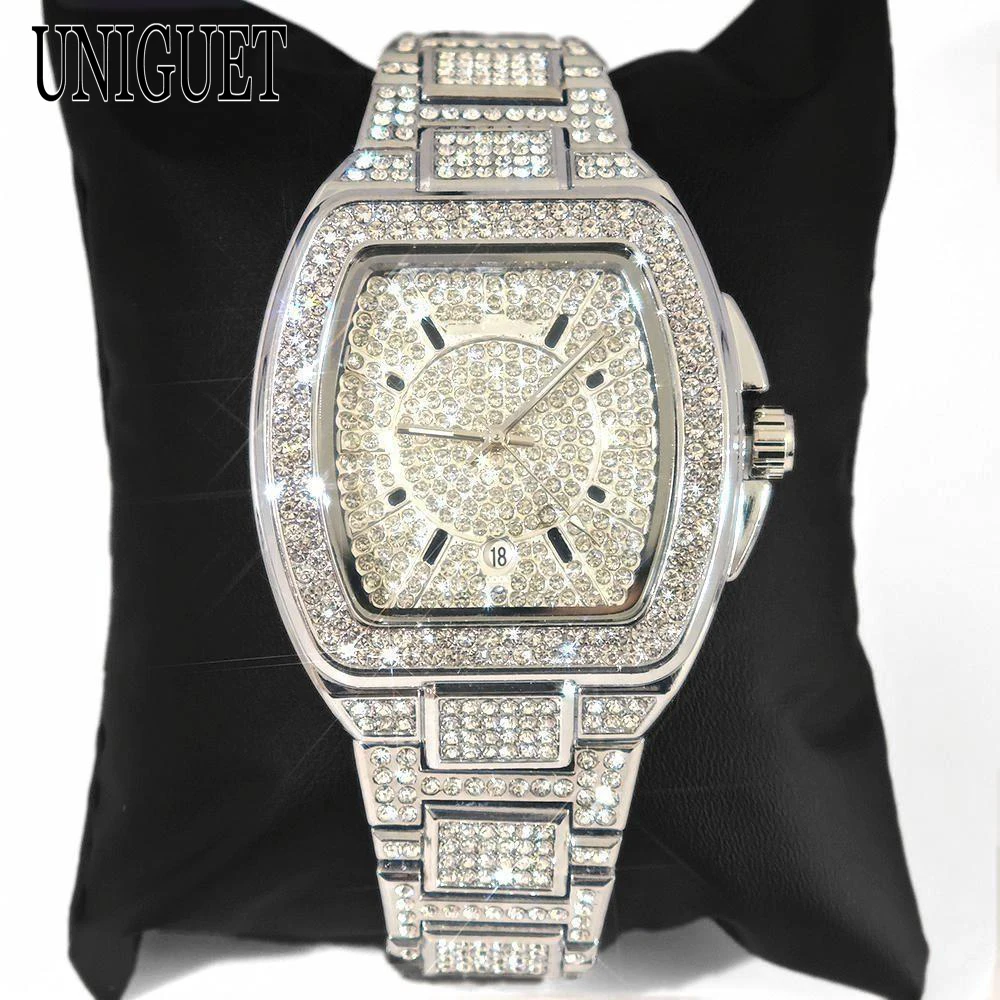 UNIGUET Luxury Iced Watch for Men Fashion Hip Hop Full Diamond Bling Bling Jewelry Tonneau Wristwatch Mans Gift Dropshipping