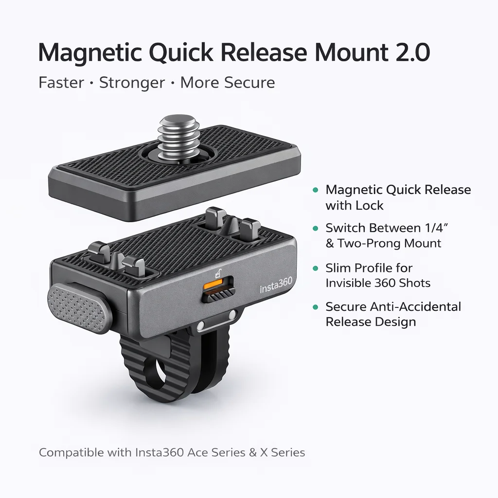

Магнитное быстросъемное крепление Insta360 2.0, улучшенная система фиксации, прочное и надежное, с разъемами 1/4'' и двухштырьковыми, для серий Ace и X