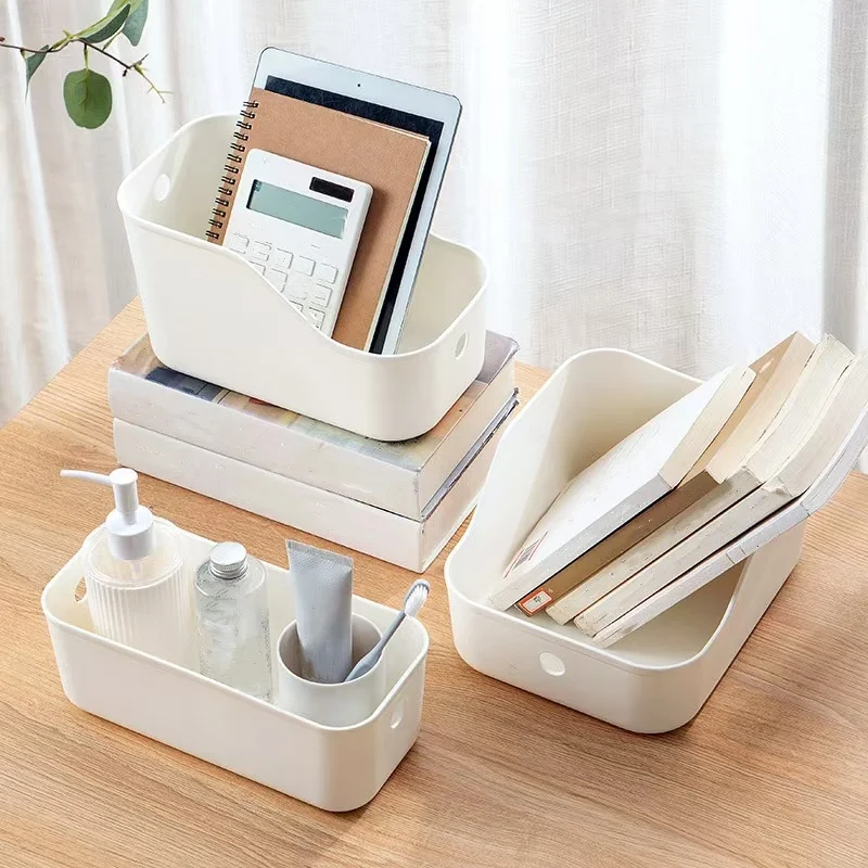 1 Stück/Rechteckige Desktop-Aufbewahrungsbox mit Fächern, Aufbewahrungskorb für Wohnheime, weiße Kunststoffbox