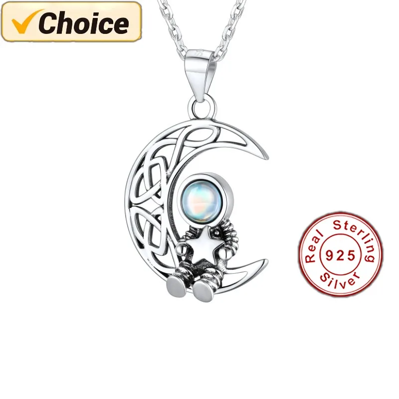 

Crescent Moon Pendant 925 Sterling Silver Moonstone Astronaut Necklace Celtic Knot Grain Space Jewelry for Teen Boys Girls