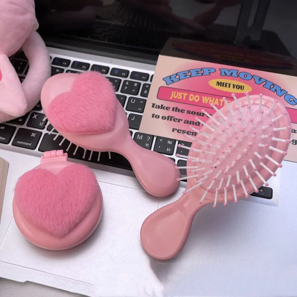 

Durable Pink Round Folding Comb with Mirror Anti Static Love Decor Handle Comb Compact Cartoon Pocket Hair Brush Women