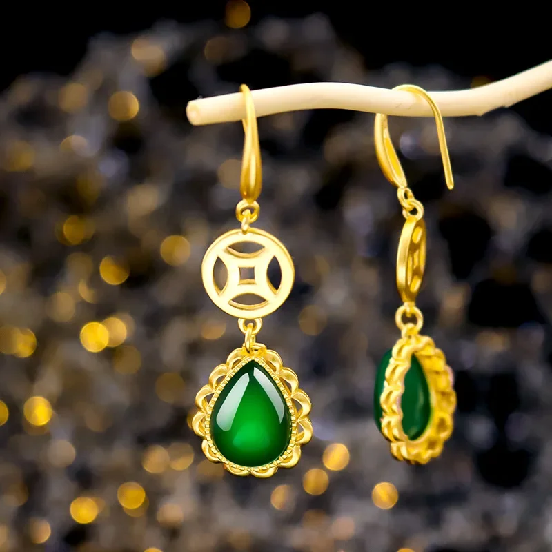 9999 Real Gold 24K Antique Earrings, Chinese Style Fuqian Water Drop Earrings, Jade Water Drop Earrings, Female