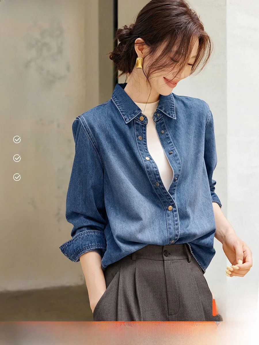 

Versatile Denim irt Women's Outerwear Spring 2026 New Sle Layered Vintage Feel Cotton Comfortable Fit Long Sve irt