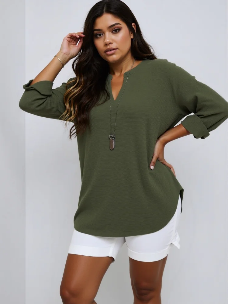 

2025 New Casual Tops Women's Loose Breathable Long Sleeve Stand Collar T-shirt Polyester Fashion Female Apparel V-neck Clothing