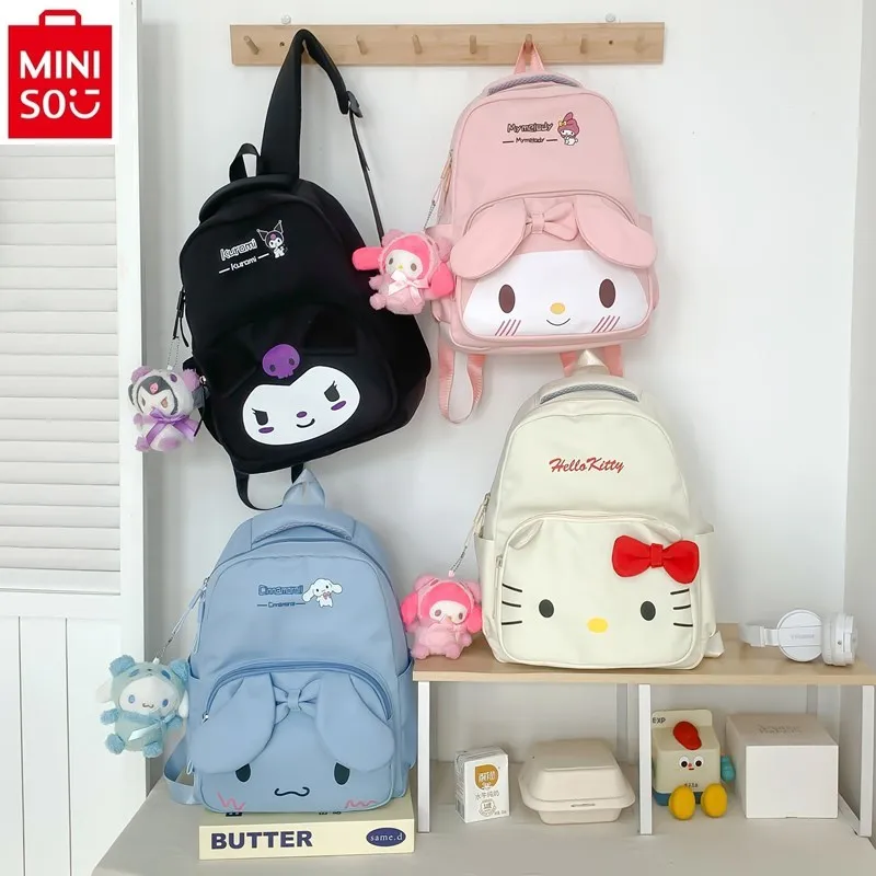 MINISO 2024 New High Quality Nylon Backpack for Women, Cute Cartoon Hello Kitty Large Capacity Lightweight Storage Backpack