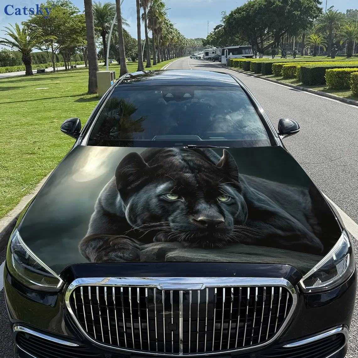 

The Panther Under The Moonlight Design Car Hood Film, Colorful Waterproof Vinyl Truck Decorative Stickers, Engine Compartm