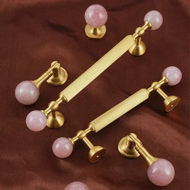 Luxury Natural Pink Rose Quartz Stone Solid Brass Drawer Pulls Single Hole Knob Nordic Wardrobe Cupboard Door Furniture Hardware