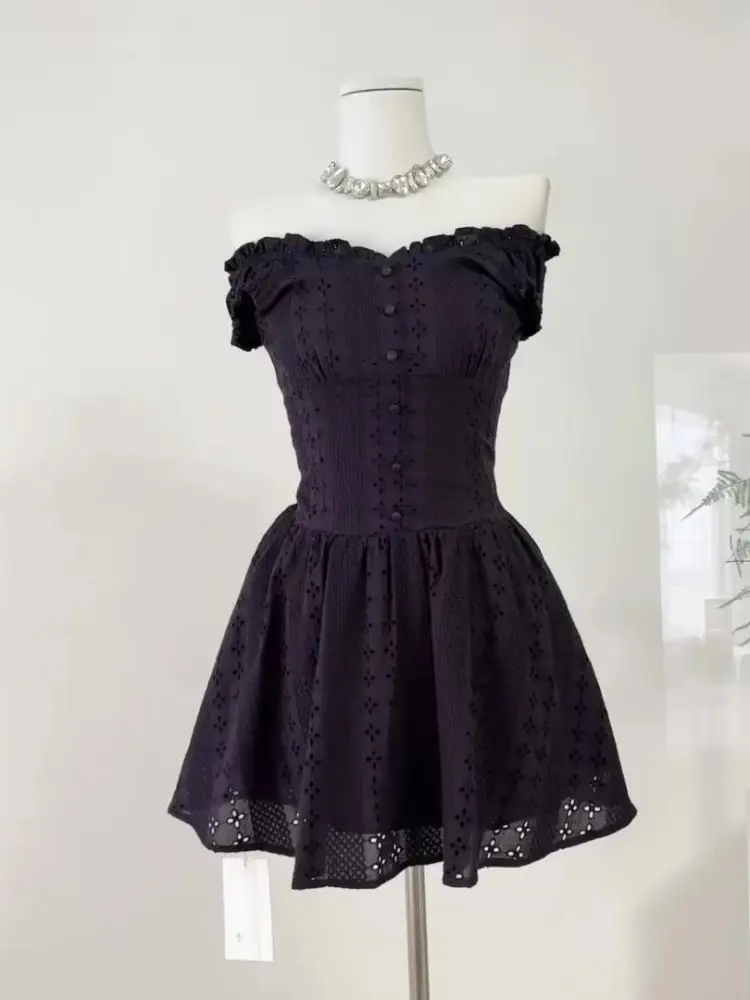 

Summer New Style Theme Off Shoulder Sleeveless Jacquard Pattern Dresses Women Summer Sweet Cute A-Line Mini Beach Party Dress