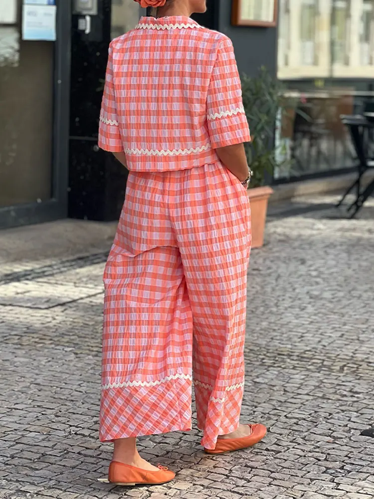 Conjuntos de camisa e calça estampada de meia manga para mulheres, roupas soltas chiques, perna larga, bolso, roupas de rua alta, lapela, 2022