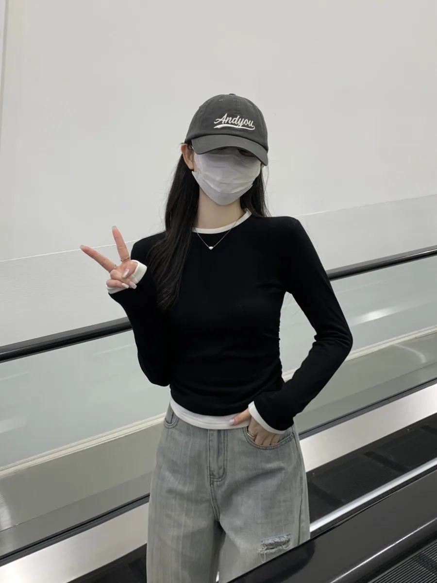 

ay Long Sve round Ne футболка женская осенняя облегающая базовая футболка для поездок на работу Sle корейская версия креативный узор сращивание