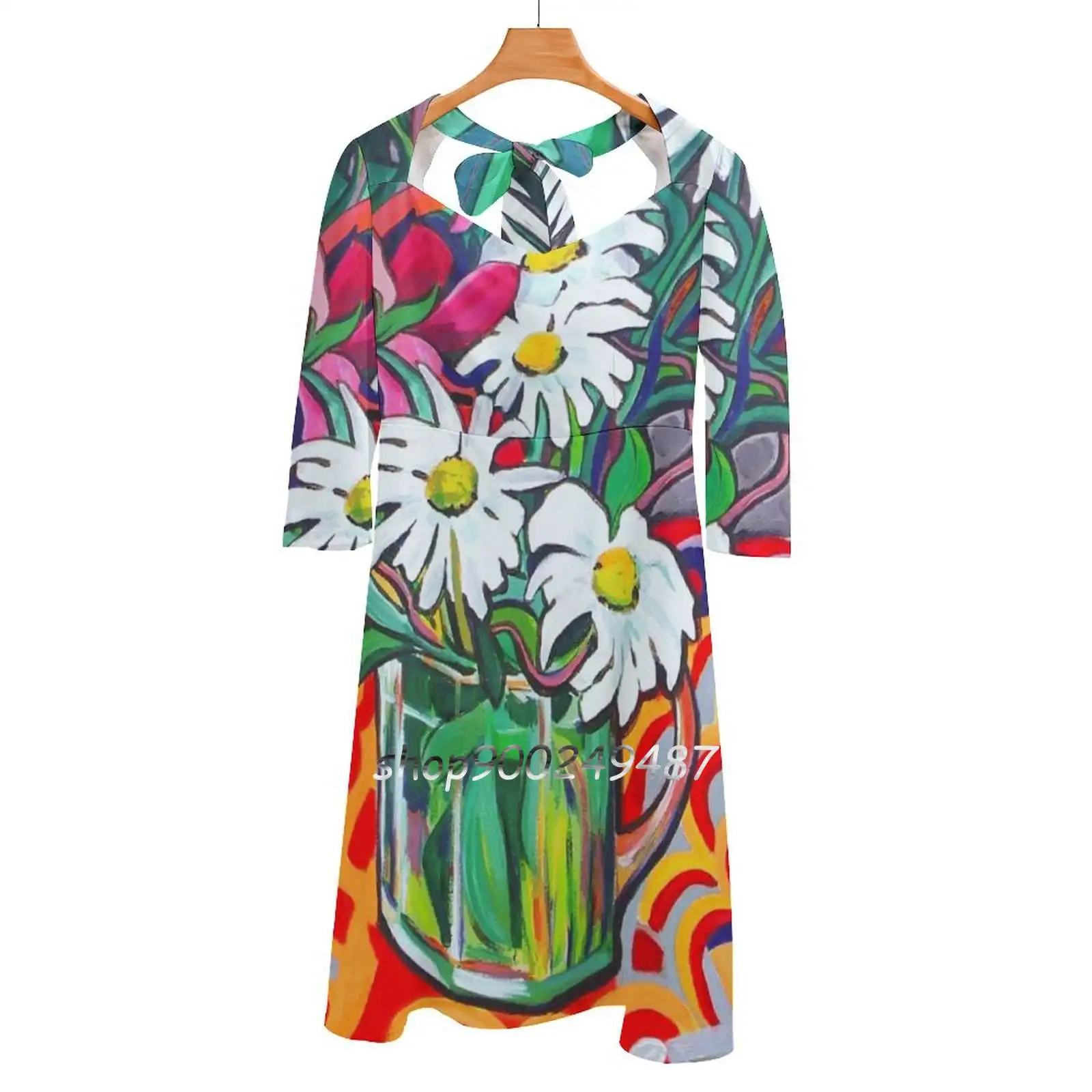 Daisy Still Life Square Neck Dress Sweet Summer Dress Women Elegant Halter Print Dress Contemporary Abstract Bright Colour