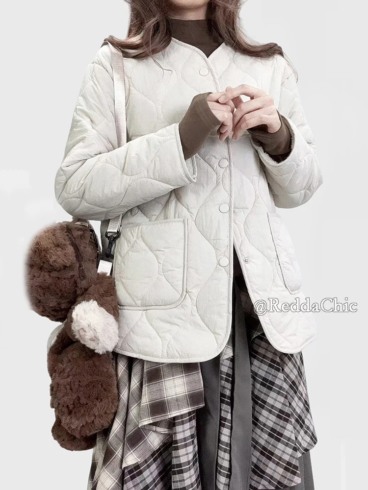 REDDACHiC Women Winter Jacket with Pockets Loose Button Down Collarless Sherpa Lined Quilted Cotton Coat Cutecore Casual Outwear