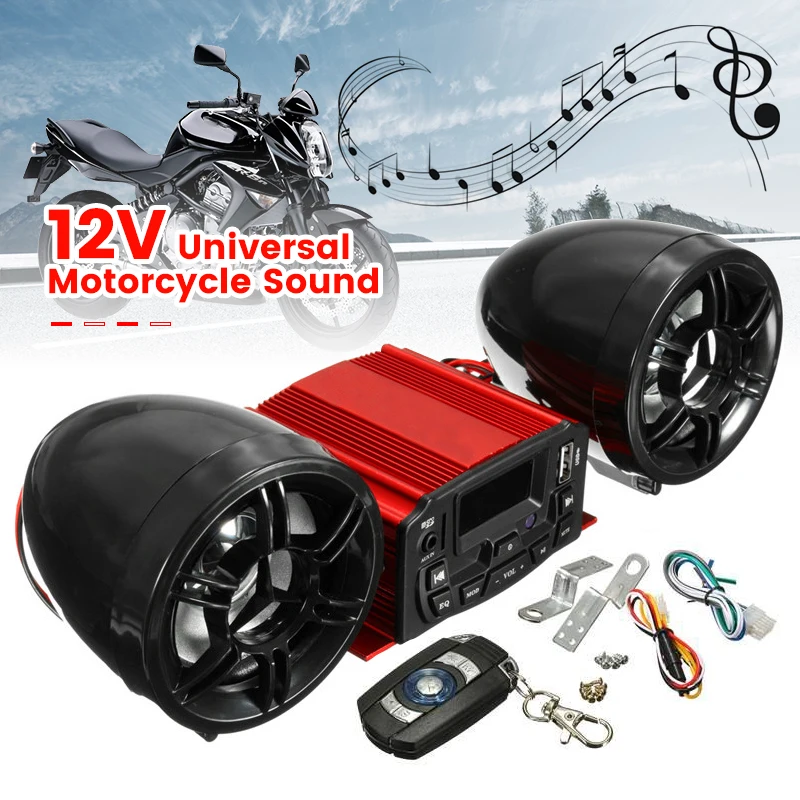 12V Motorcycle Sound System SD USB MP3 Stereo 2 Speakers Motorcycle  Bluetooth Audio Remote Control Waterproof  Red FM  Radio 