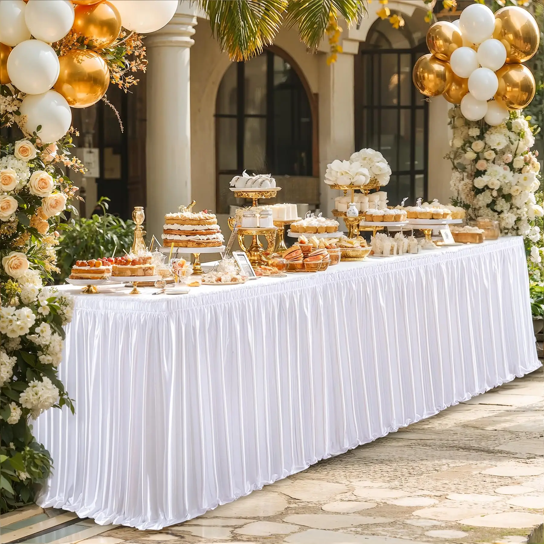 

Polyester Rectangle Table Skirt, Wrinkle Resistant Tablecloth Skirt with Ruffle for Party Banquet Wedding Christmas Decorations