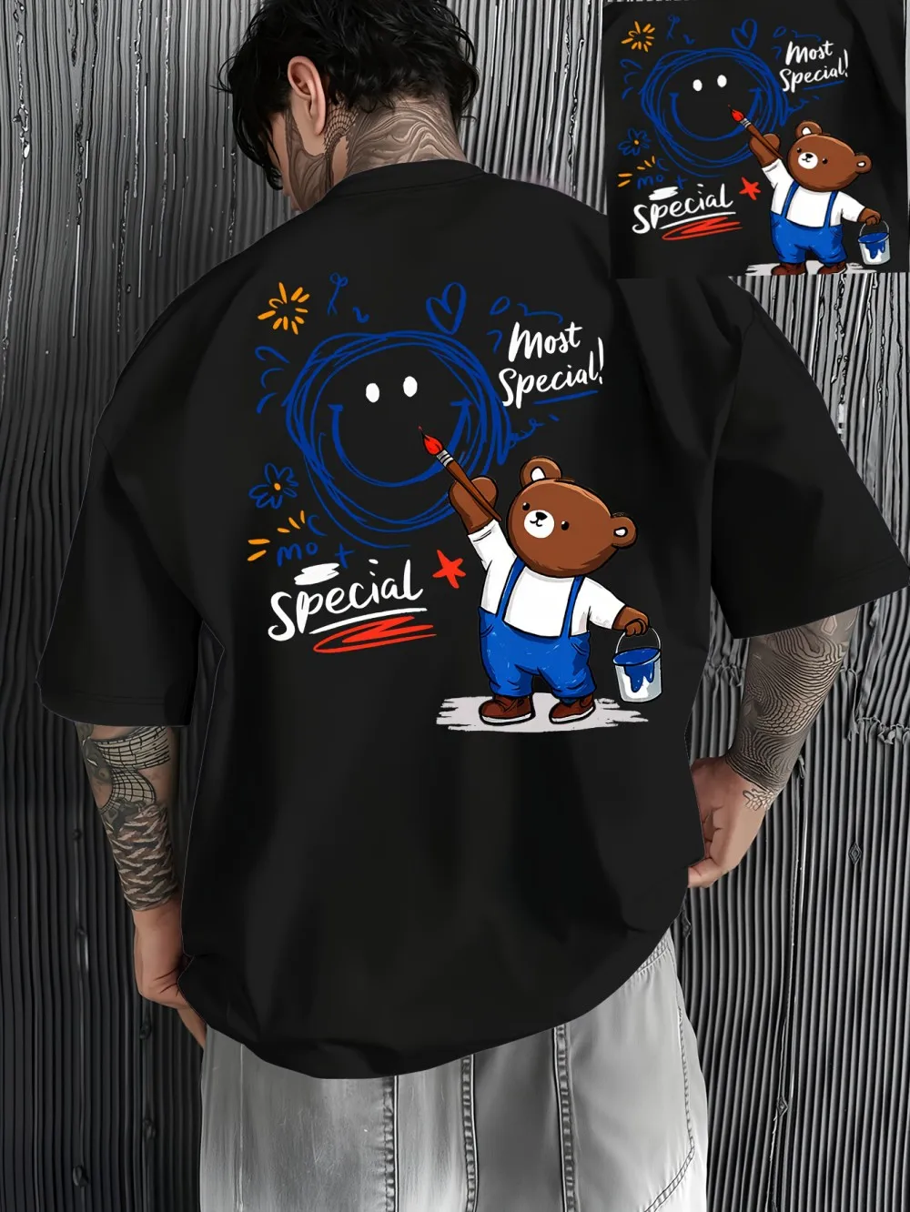 American men's summer teddy bear letter graffiti print micro elastic breathable round neck T-shirt outdoor urban casual top