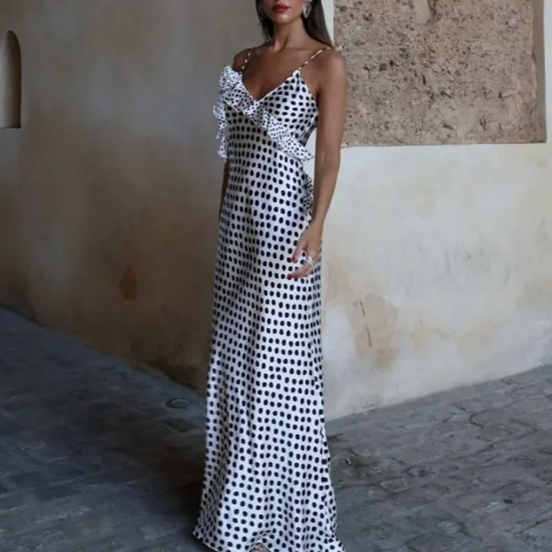 

Sexy Backless Print Dots Flower Women Maxi Dress Spaghetti Strap Evening Dresses French Summer Skinny Elegant Party Clubwear 원피스