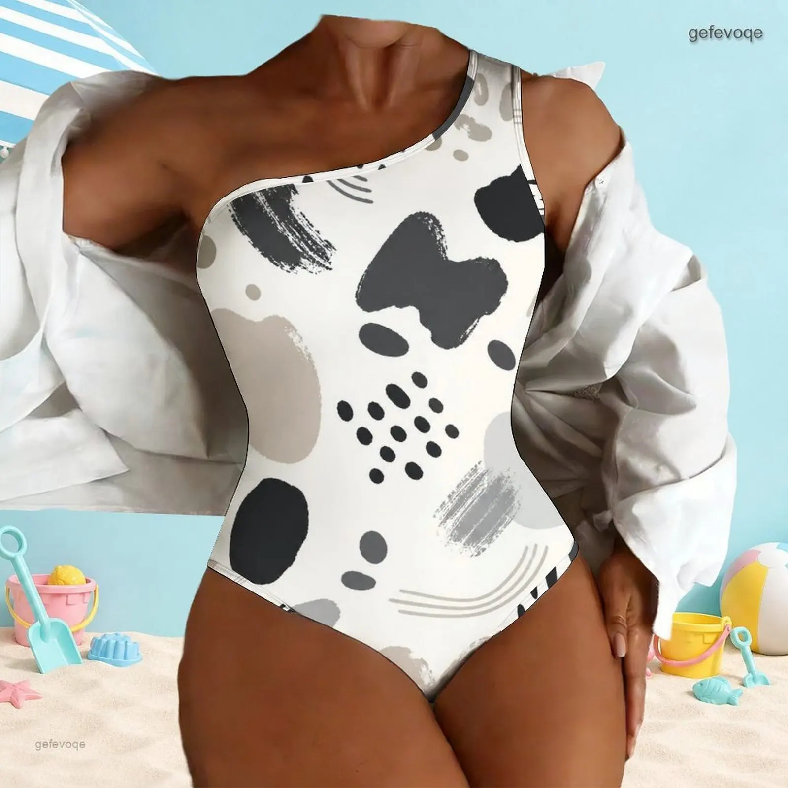 Women Swimsuit with Print One Shoulder One Piece Asymmetric Neck