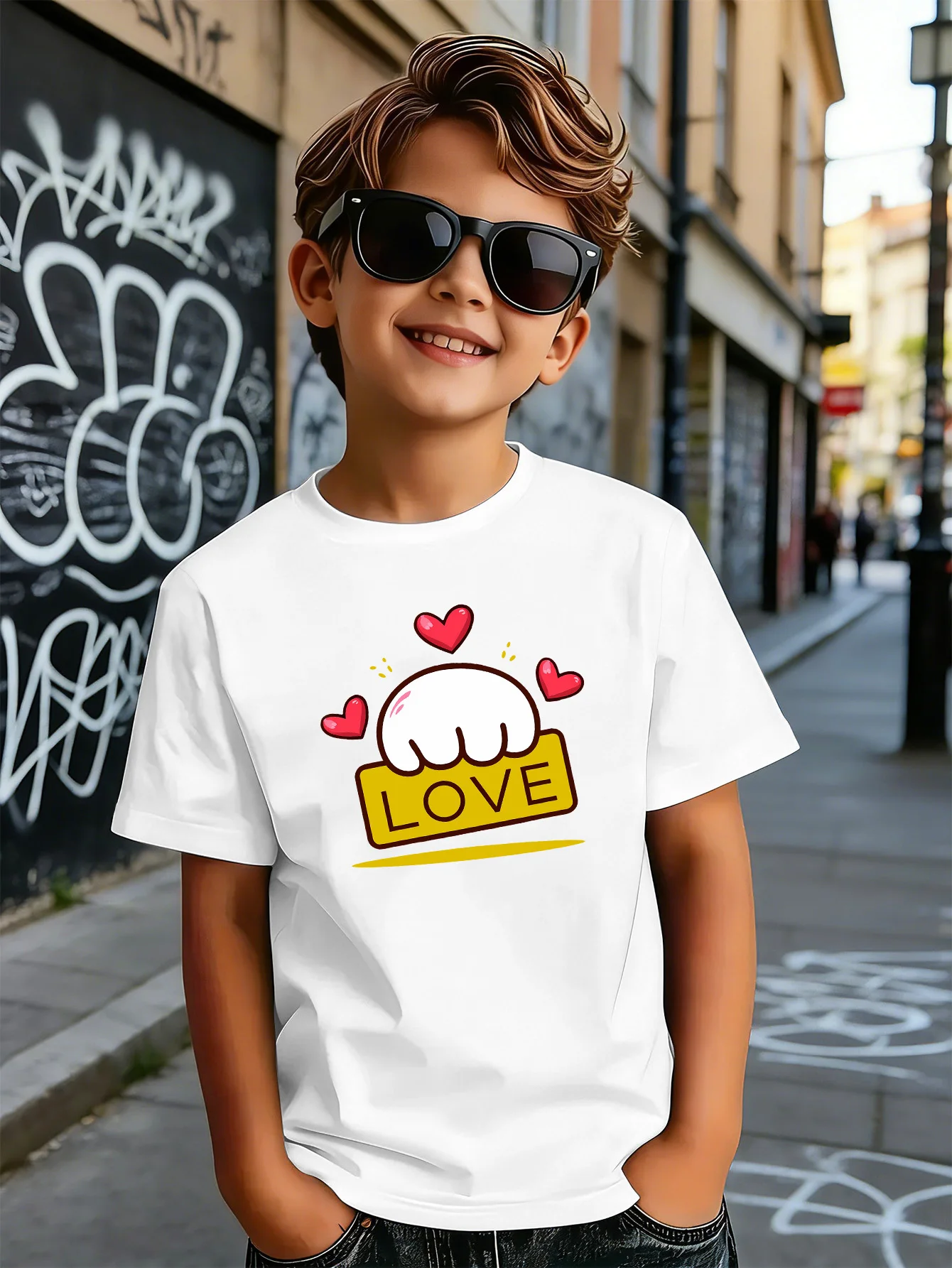 Cute White Paw Love Red Hearts Cartoon Kids T Shirt Boys Girls Short Sleeve Crew Neck Cotton Parent Matching Tops Toddler Youth