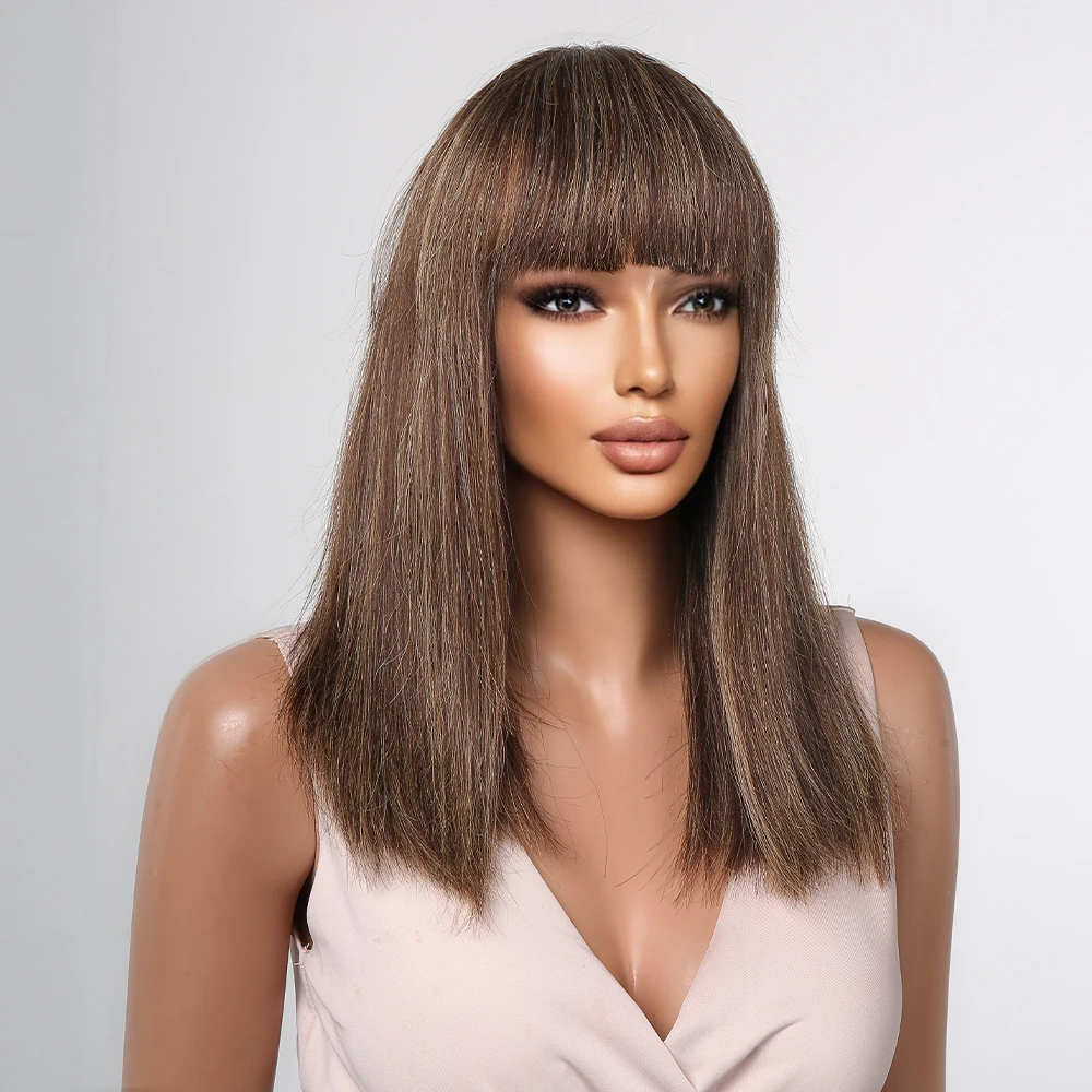 HAIRCUBE Straight Bob Human Hair Wigs with Bangs Brown Highlights Wig Ombre Honey Fring Colored Remy Human Hair Wigs for Women