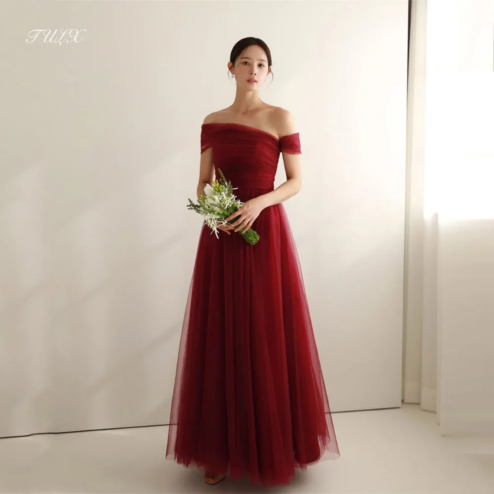 

TULX Princess Red Tulle Evening Dress Korea Wedding Photo Shoot Strapless with shawl A line Long Party Dress Corset Customized