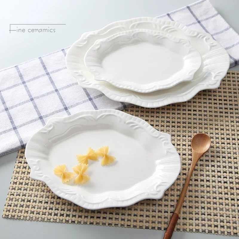 3pcs Set, 8+9+11inch, White Embossed Porcelain Oval Cute Dessert Plate, Service Decorative Ceramic Dish, Fish Dish Vintage, Bake
