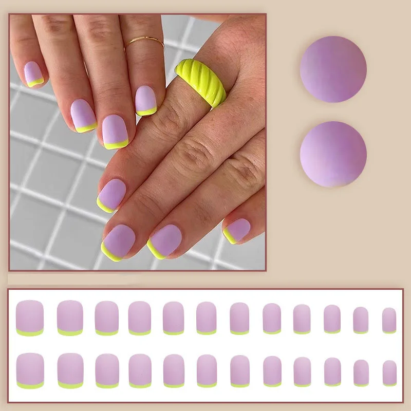 Short Square Fake Nails for Women Girls Purple Pink Nail Tips with Green Yellow Frame French Style Color Blocking Press On Nail