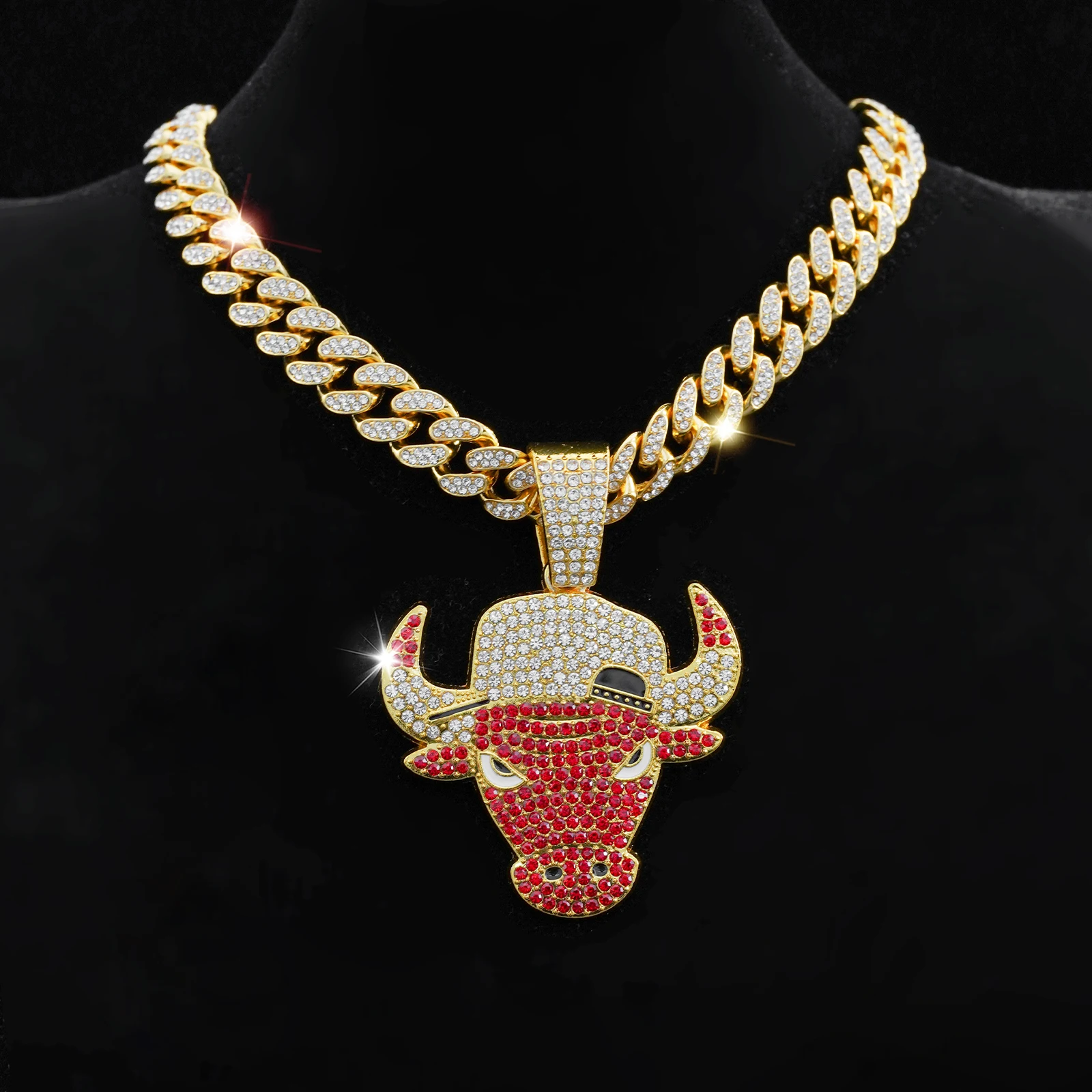 Red Bull Big Pendant Necklace, Hip Hop Cuban Link Chain