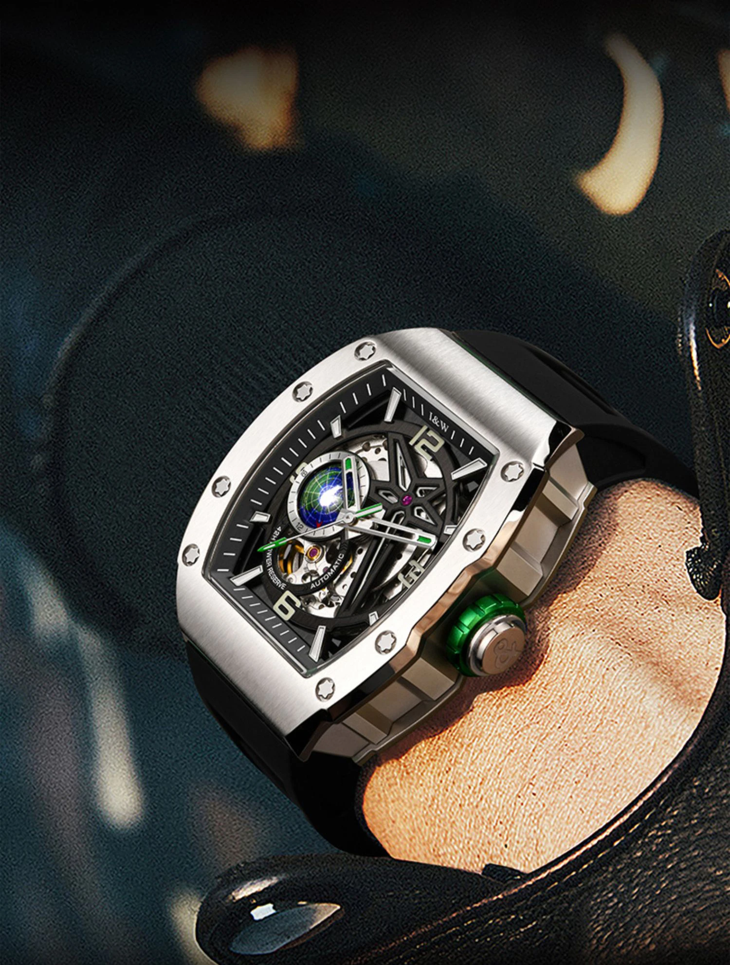 I & W ساعة أوتوماتيكية للرجال فاخرة 42*49 مللي متر Tonneau ساعة يد ميكانيكية 50 متر مقاوم للماء هيكل عظمي مضيء 24 ساعة حزام مطاطي