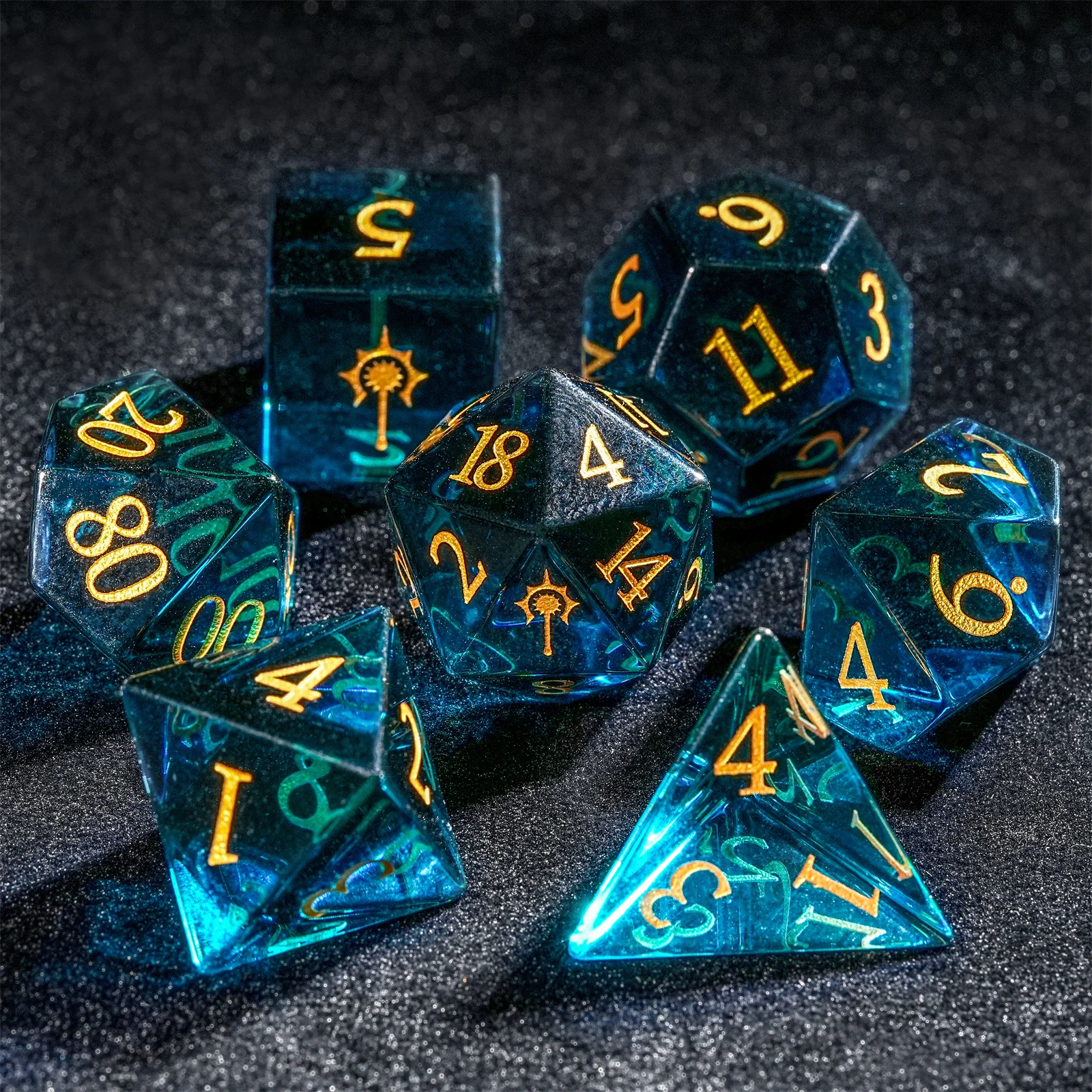 Conjunto de dados de pedras preciosas mnd, 7 peças, verde/branco/azul/vermelho/preto/borwn, dados poliédricos multifacares para d & d cOC, jogo de mesa de rpg