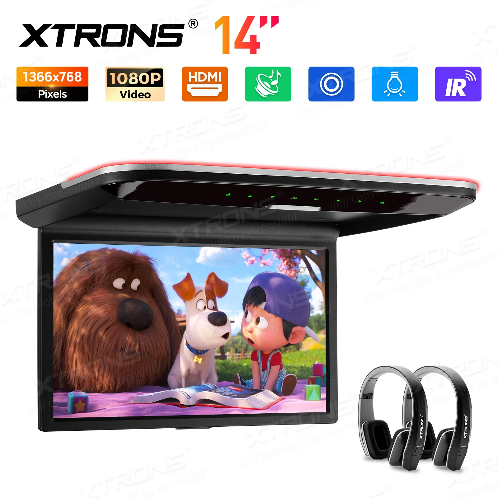 XTRONS 14 inch auto-dakmonitor digitaal TFT HD-scherm met USB SD AV IN HDMI-compatibele auto-tv 1366*768 pixels verstelbare hoek 120° °