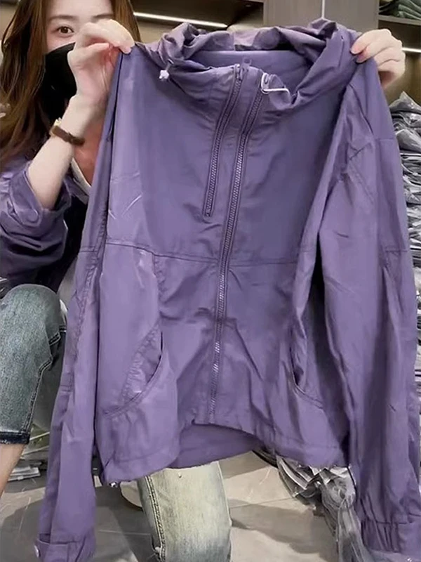 Ladies' Hooded Windbreaker Short Jacket Summer New Style Thin Loose Quality Sunscreen Top Commute Style Non-Removable Hat