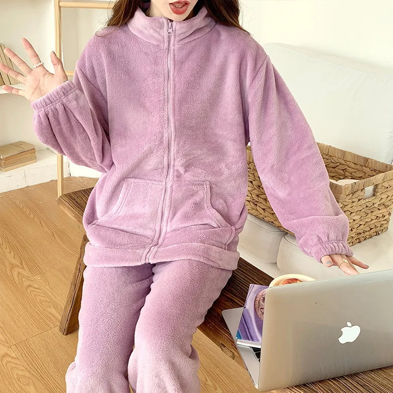 Plus-velvet Pajama Sets Women Warm Winter Loose Leisure Gentle Soft Pulpy Girls Simple All-match Basic Thicken Sleepwear 2023