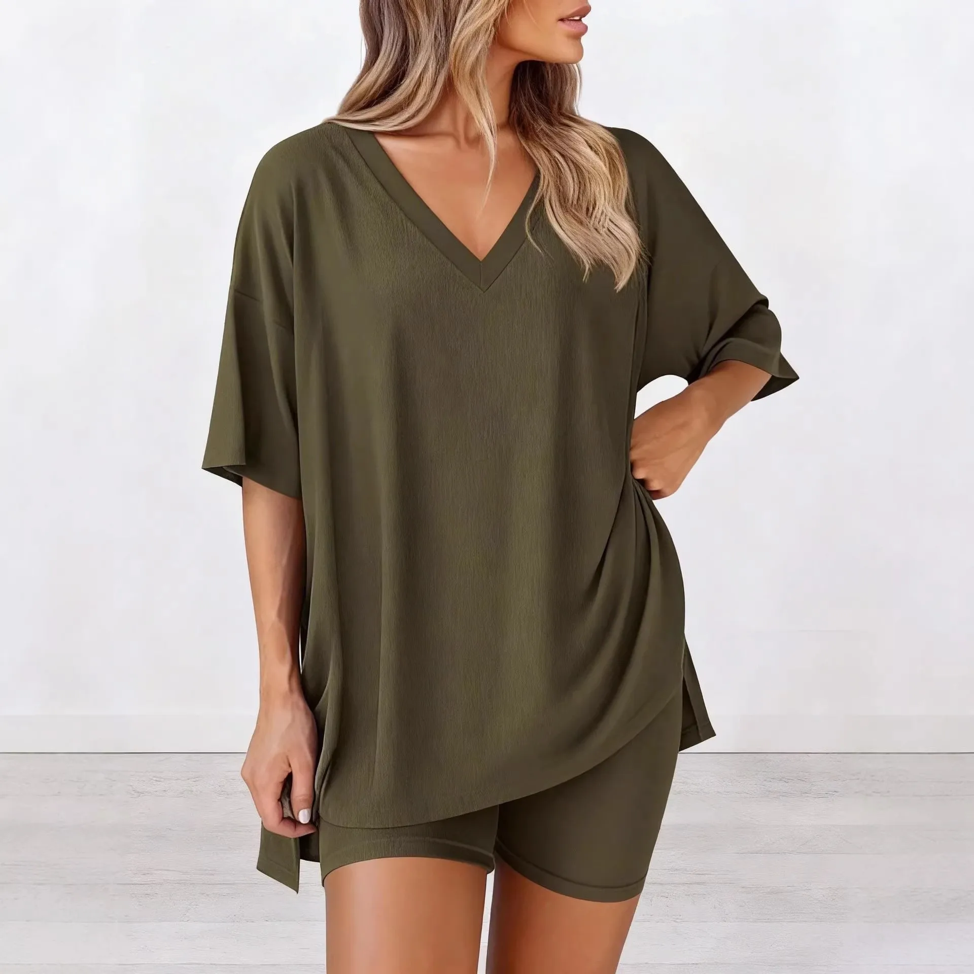 Summer Women Pajama Short Sleeve V Neck Top Loungewear Set Matching Shorts Knit Fabric Sleepwear Set Olive Green Two Piece