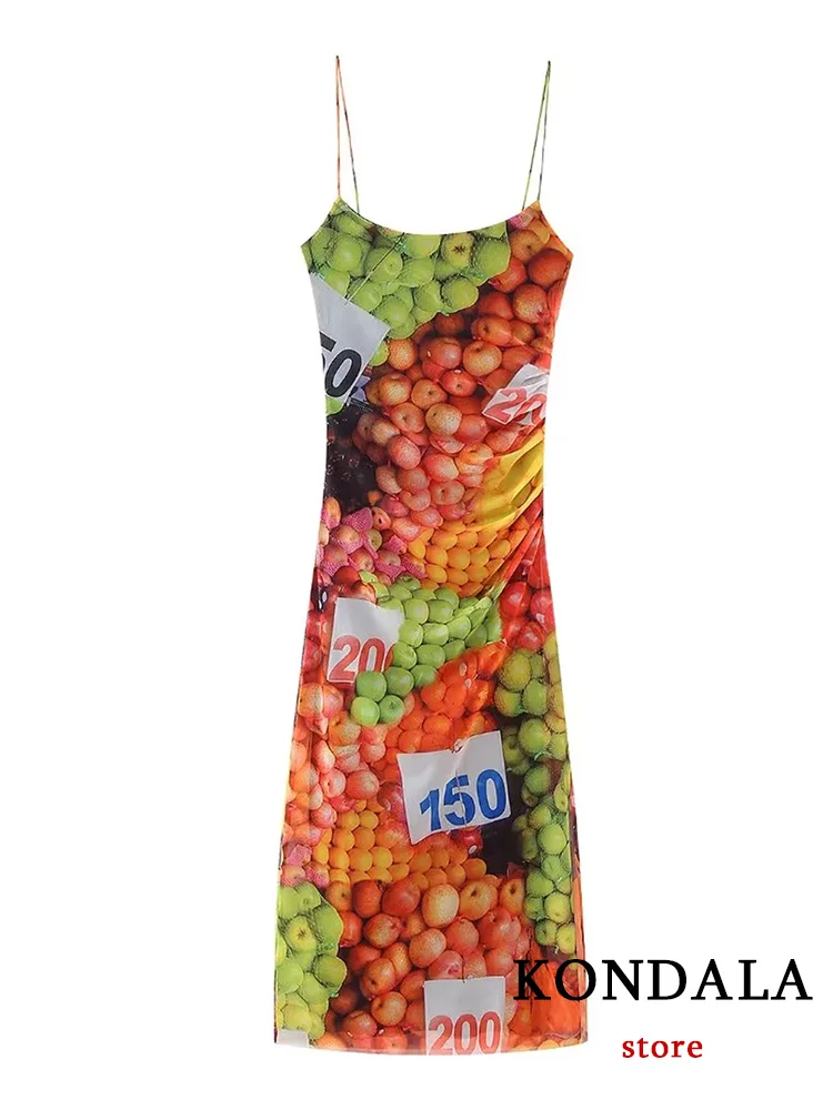 KONDALA Vintage Chic Women Dress Fruit Print senza maniche dritto lungo Cami abito in Chiffon New Fashion 2023 Summer Holiday Dress