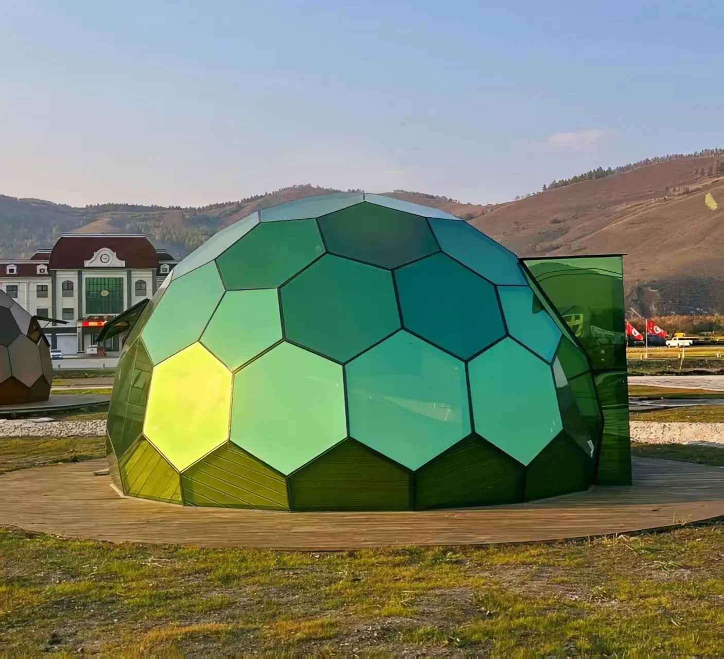 7M Blue Tempered Glass Geodesic Dome Tent House Glamping Accommodation for Resorts Hotels