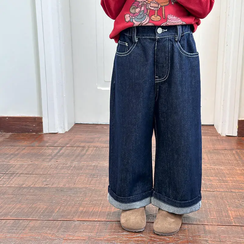 

2025 Girls Jeans Korean Style Autumn Casual Loose Straight Leg Pants Rolled Cuff Stretch Denim Kids Bottoms 5-12Y