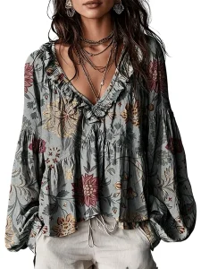 Blusa de outono com decote em V, camisa de manga comprida para mulher, blusa de primavera, peça casual, elegante, moderna, para usar no dia a dia e em