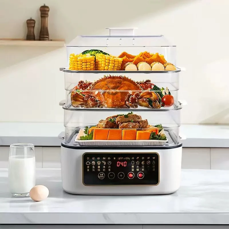 Stainless steel electric steamer with three layers of intelligent steam pot for upper and lower cooking