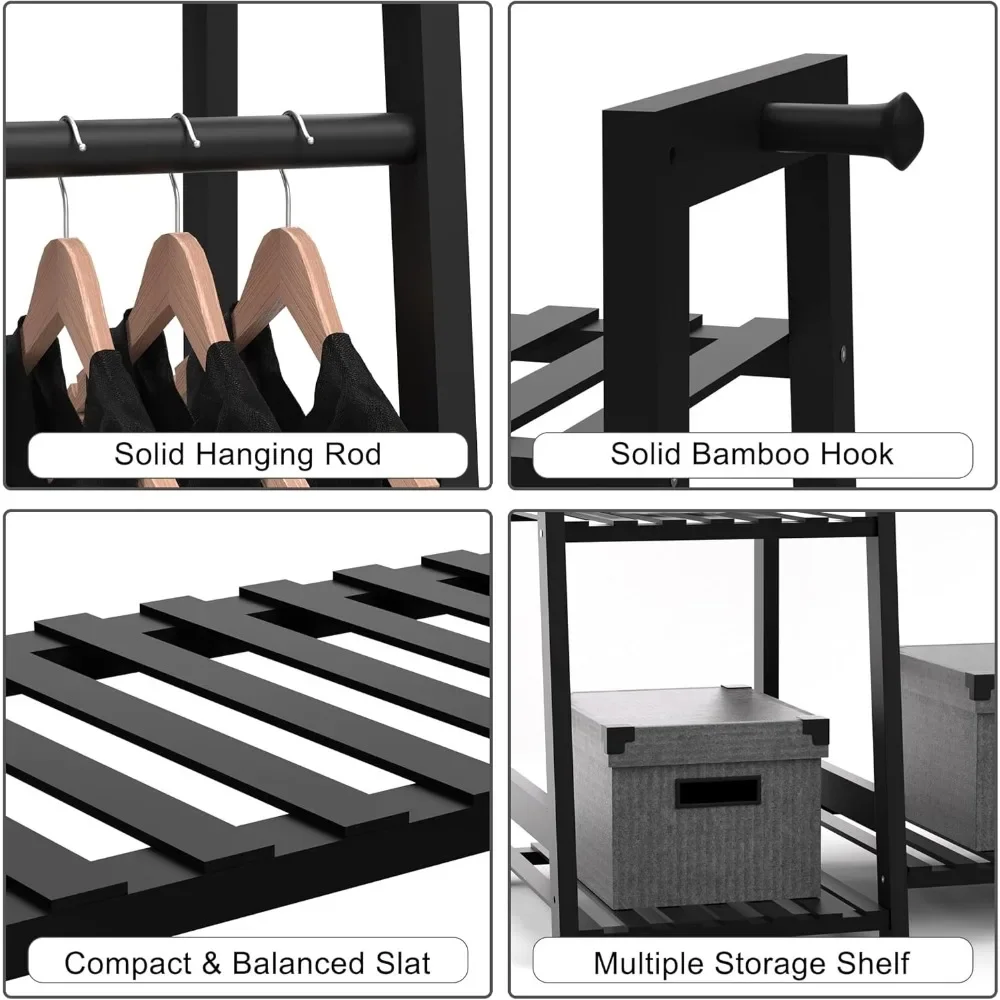 Clothing Rack with Shelves, Bamboo Clothes Rack for Hanging Clothes, Garment Rack for Living Room, Bedroom, Entryway, Bathroom