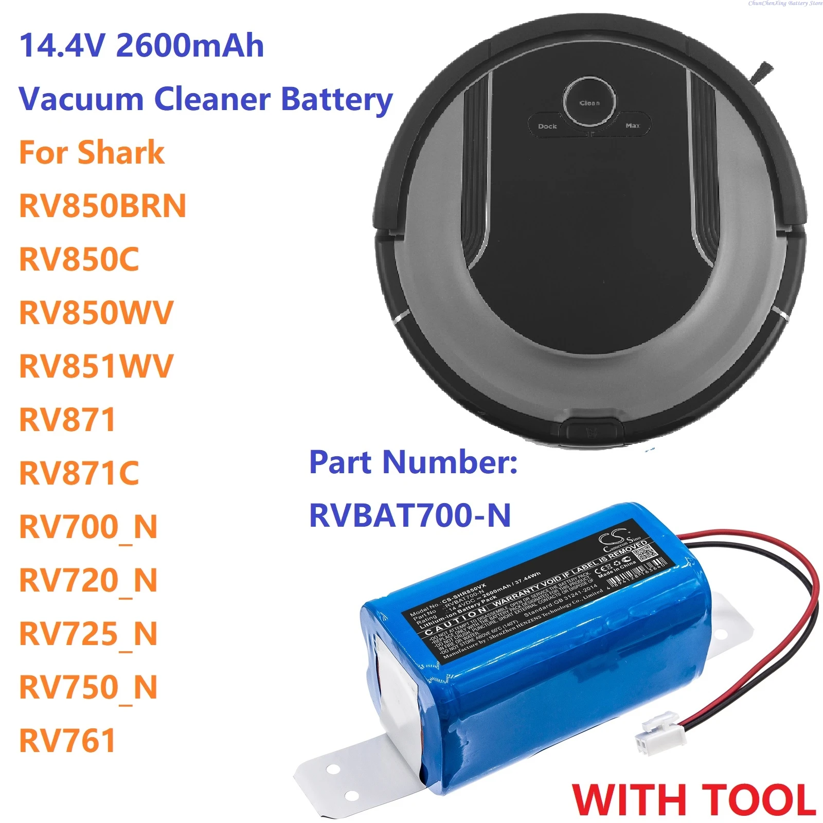 

14.4V 2600mAh Vacuum Cleaner battery RVBAT700-N for Shark RV850BRN,RV850C,RV850WV,RV851WV,RV871,RV871C,RV761,RV700_N +TOOL