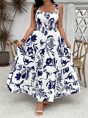 Imagen 2 del producto Vestido halter floral de talla grande para vacaciones, novedad de verano 2025, con dobladillo con volantes y busto fruncido, vestido de talla grande de poliéster
