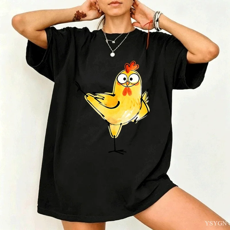 Cute Cartoon Plush Chicken Toy Home Decor Kids Gift Loose Streetwear Tops Animal Graphic Short Sleeve Casual Daily Women Top