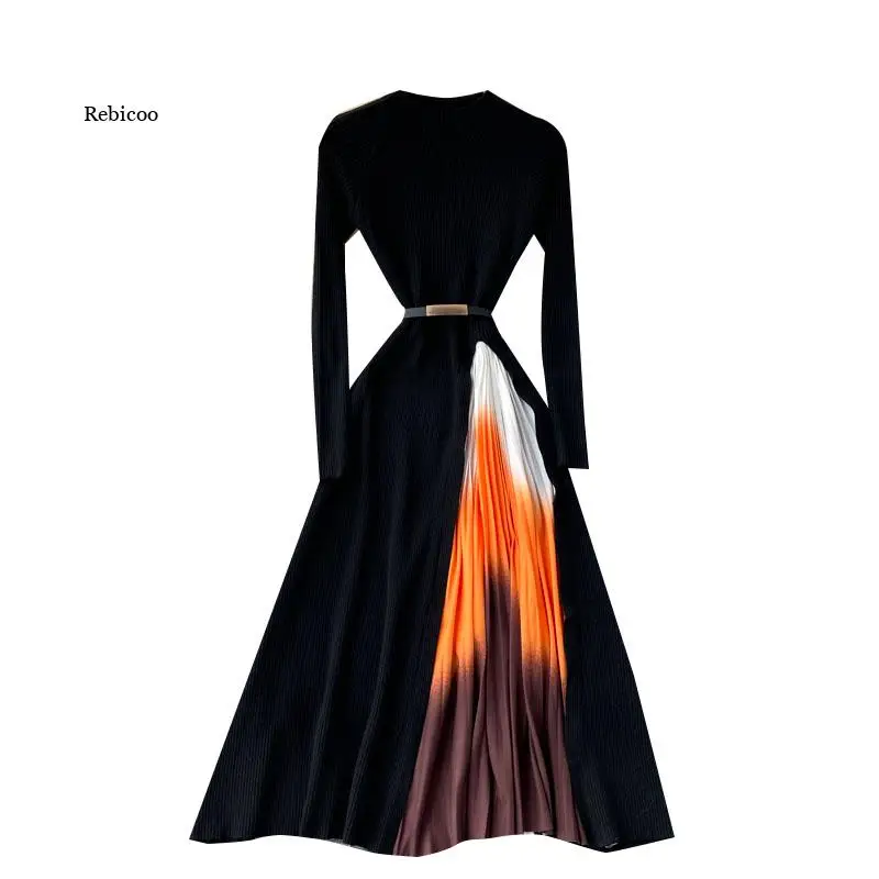 

Elegant French Woman Party Night Dresses Splice Gradient Pleated A-Line Knitted Black Dresses Autumn Midi Dress 2022 New