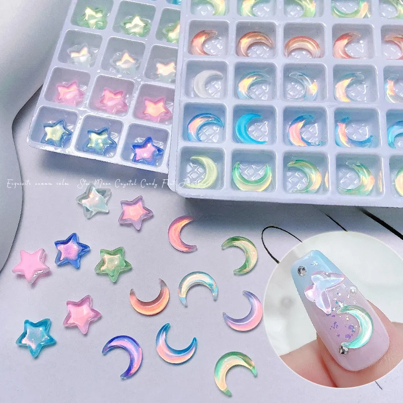 10pcs Nail Small Mocha Moon Star Flat Bottom Crystal Jewelry Aurora Color Pentagram Manicure Decoration Accessories