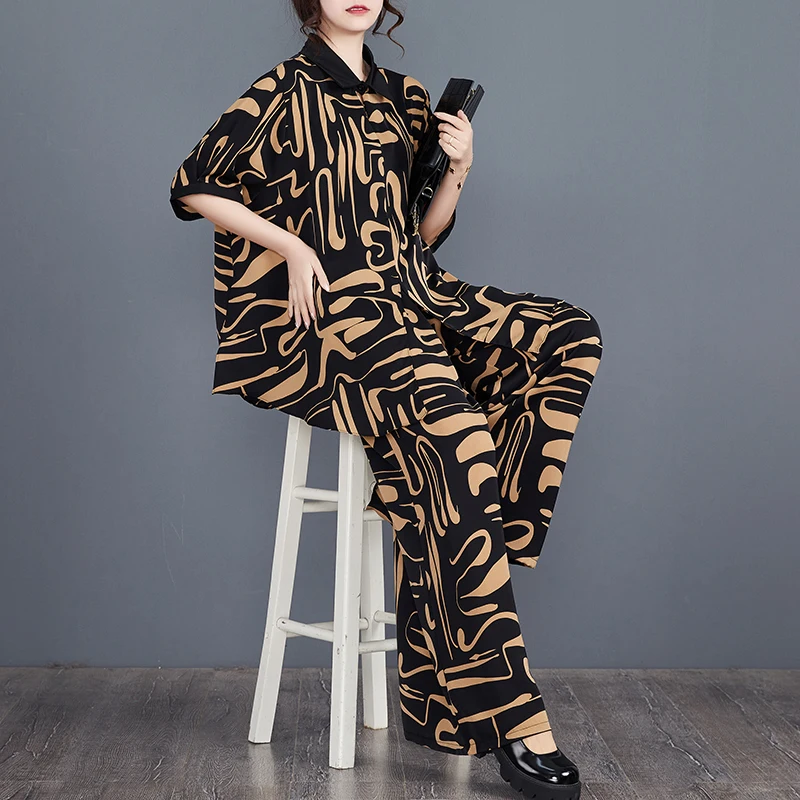 Xiaoxin Faion طوق فضفاض أعلى عارضة رقيقة بوت قطعتين مجموعة زائد حجم السراويل واسعة الساق الصيف وصول جديد