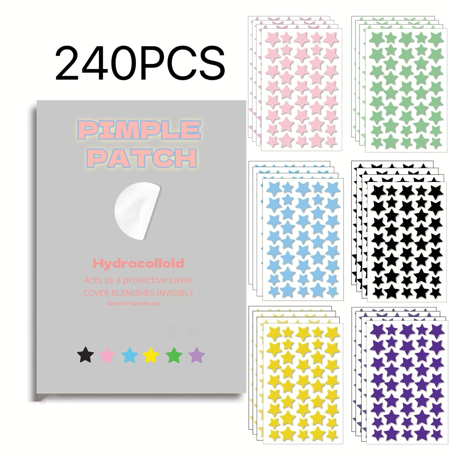 240 Pieces 6 Color Star Shape Hydrocolloid Pimple Patches Ultra Thin Waterproof Invisible Acne Zit Spot Cover Stickers For Facia